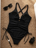 Sexy Black Drawstring Side One Piece Swimsuit 2026 Women V Neck Mesh Patchwork Slim Tummy Control Bathing Suit Holiday Swimwear
