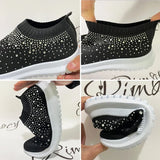 Women's Slip-On Crystal Sneakers 2025 Breathable Mesh Plus Size 35-43 Casual Flats Women Comfort Soft Sole Running Walking Shoes