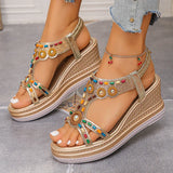 National Wind Beaded Wedge Heels Sandals Women Chunky Platform Slip On Gladiator Sandals Woman Plus Size 43 High Heel Sandalias
