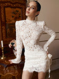 Ahagaga Fashion Lace Mini Dresses Elegant High Neck Solid Slim Long Sleeve Bodycon Party Clubwear Streetwear Woman Vestidos Robe