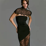 Ahagaga Fashion Women's Maxi Dresses Lace Patchwork Sexy Sheer Split Bodycon Slim Fit Turtleneck Sheath Female Party Vestidos