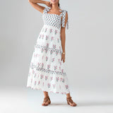 Flower Print Tie Strap Swing Dress Women A-Line Square Neck Tiered Ruffled Summer Bohemian Beach Long Tank Dress