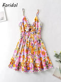 V Neck Bowknot Floral Print Boho Summer New Dress for Women Adjustable Strap Lace Patchwork Sundress Beach Casual Short Dress
