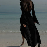 Women's V Neck Ruffled Long Sleeve Dress Chiffon Tunic Beach Cover Up Cover-ups Beach Dress Sunscreen Beachwear Vacation V5976B