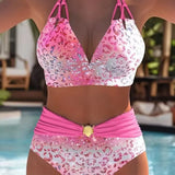 Vintage Purple Leopard Print Gradient Two Piece Swimsuit Tankini Set Women V Neck Push Up Bra Belt High Waist Swimwear 2026 3XL