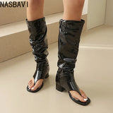 Plus Size Women Open Toe Thong Knee High Boots Metal Buckle Ruched Mid Block Heel Tall Sandal Boots Fashion Streetwear Long Boot