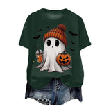 Cute Printed Halloween Shirt For Women Funny Crew Neck Short Sleeve Clothes Top Tee Shirts Halloween Cosplay Tops Humor T-Shirt