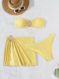 With Skirt Wrinkled Bandeau Bikini Female Swimsuit Women Swimwear Three-pieces Bikini Set Metal Ring Bathing Suit Swim Beachwear
