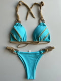 Patchwork Halter High Cut Knitted Bikini Women Swimwear Female Swimsuit Two-pieces Bikini Set Brazilian Bather Bathing Suit Swim