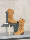 Big Size 43 Women's Wasteland Western Cutout Vegan Suede Cowboy Boots with Rivets 6cm Block Heel Summer Mid-Calf Boots Shoes