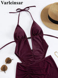 Sexy With Skirt Halter Deep V Neck Women Swimwear One Piece Swimsuit Female High Leg Cut Backless Bather Bathing Suit Swim V8112