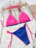 2026 Sexy Bikini Women Blue Shiny Fabric Triangle Halter Swimwear Swimsuit Bikinis Set Bathing Suit Beach Bikini Female Biquinis