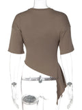 FDYOUI Women O-neck Short Sleeve Solid T-shirts 2026 Summer Chic Ruched Bandage Corset T-shirt Female Tunics Irregular Crop Tops