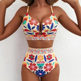 Women Sexy Floral Bikini High Waist Tummy Control Floral Bikini U Line Cross Back Padded Bikini Two Piece Beach Swimsuit