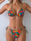 2026 Trendy String Bikini Set Triangle Top Side Tie Bottoms with Metallic Pendant  Solid Color Contrast Trim Women Swimwear