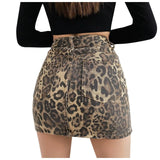 Womens Leopard Print Denim Mini Skirt High Waist Bodycon Pencil Skirts Sexy Slim Fit Hip Wrapped Night Club Skirts Streetwear