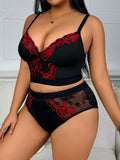 Black Red Embroidery Lace Splicing Lingerie Set Plus Size Wireless Minimizer Bra Sheer Breathable Seamless