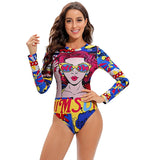 Long Sleeve Swimwear 2024 Surfing Bathing Suit Women Backless Print One Piece Swimsuit Retro Rashguard Monikini Bodysuit