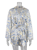 Marthaqiqi Fashion Ladies Nightgowns Suit Turn-Down Collar Robe Lace Up Pajama Long Sleeve Sleepwear Shorts Printing Nightie Set