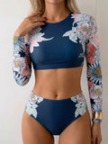 Vintage Black Floral Print Bikini Set 2026 Women Long Sleeve O Neck Top High Waist Swimsuit Beach Holiday Bathing Suit Swimwear