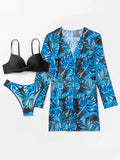 Boho Style Women's 3 Pieces Swimsuit Floral Bikini Set+Long Sleeve Cover-Up Swimwear Sexy Low Waist Tankinis Beachwear Holiday