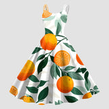 Vintage Fruit Print Dress For Women Elegant High Waist A Line Swing Dress Rockabilly 60s 50s Retro Spaghetti Strap Maxi Robe