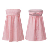 Women Tube Top Mini Dress Off Shoulder Strapless Plaid Bandeau Dress Summer Casual Boho Daily Dresses Streetwear