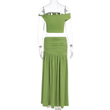 Summer Skirt Set Women Metal Flower Sexy Off Shoulder Slim Crop Top High Slit Skirt Sets Fashion Backless Pleated 2 Piece Suits