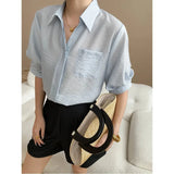 Turn-Down Collar Loose Short-Sleeve Shirt Women White Short Sleeve Shirt Chest Pocket V Neck Button Casual Summer Blouse H9EH