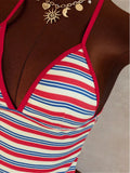 S - XL Striped V Neck Tankini Halter Bikini Female Swimsuit Women Swimwear Bather Bathing Suit Swim Two-pieces Bikini set K8110