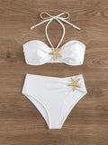 Sexy White Starfish Bikinis Sets 2025 Women Pleate Push Up High Waist Swimsuit Summer Bathing Suit Holiday Two Piece Swimwear