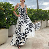 2025 Women's Sexy Two Piece Swimsuit Set Deep V Black White Stripe Print High End Sensation Swimwear for Ladies