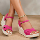 Yellow Soft Espadrille Wedge Heel Sandals Women Adjustable Ankle Strap Pink Jute Platform Summer Shoes Big Size 43
