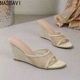 Fashion Embroidery Breathable Organza Mesh Slides Women's Peep Toe Slippers Designer Wedges High Heels Shoes 35-42 New Summer