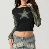 Early Autumn Punk Style Slim Fit T-shirt Women Long Sleeve Crew Neck Star Stripes Patchwork Ladies Tops for Casual Daily