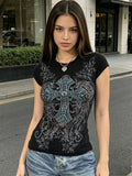 Women Summer T-shirt Rhinestone Retro Print Short Sleeve Round Neck Slim Fit Tee Tops Gothic Punk Shirts