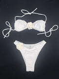 Sexy 3D Flower Patchwork Swimwear Thong Bikini 2024 Women Lace-up Swimsuit Halter Drawstring Swimming Bathing Suit Biquini Mujer