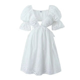Foridol Lace Summer White Dress Women Puff Sleeve Embriodery Waist Cut Out Beach Short Sexy Cotton Dress Backless 2025 Sundress