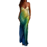 Women's Summer Cami Long Dress Gradient Color Spaghetti Strap V-Neck Backless Beach Evening Party Dress