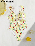 S - XL Cherry Printed Plaid Cut Out One Piece Swimsuit Women Swimwear Female Frilled High Leg Cut Bather Bathing Suit Swim V7557