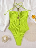 2026 Summer Women's One-piece Suit Swimwear Sexy Hollow Out Neck Lace-up Bodysuit Beachwear High Waist Push Up Bathing Suits