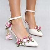 Small Big Size 32-46 Women's Elegant Pink Flowers High Heels Sandals Summer Sexy Pointy Toe Party White Wedding Sandals Shoes