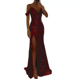 Women Evening Dress Off Shoulder V Neck Side Slit Floor Length Sequin Ball Gown Sleeveless Prom Wedding Party Banquet Maxi Dress