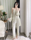 Gold velvet three-piece pajamas set, autumn and winter lace nightgown, sexy home wear with chest pad