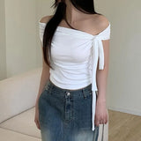 Korean Style Solid Color Women's Top Casual Slash neck Crop Top Fahionable Slim Fit White Tee Lady Summer Night Out Dress up