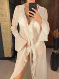 Women's V Neck Ruffled Long Sleeve Dress Chiffon Tunic Beach Cover Up Cover-ups Beach Dress Sunscreen Beachwear Vacation V5976B