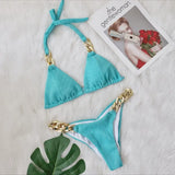 9 Colors Sexy Bikini Women Shining Fabric Golden Rhinestone Chain Swimwear Swimsuit Solid Halter Bikinis Set Bathing Suit Female