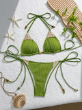Sexy Blue Knitted Patchwork Bikini Set Women Halter Push Up Bra Bandage Thong Swimsuit Summer Bathing Suit Pool Swimwear 2026