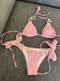 Halter Metal Rings Bikinis Wrinkled Bikini Female Swimsuit Women Swimwear Two-pieces Bikini Set High Cut Bathing Suit Swim Lady