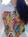 Women Retro Jacquard Corset Lace Floral Trim Bandage Bustier Crop Tops Boat Neck Irregular Camisole Tank Tops Female